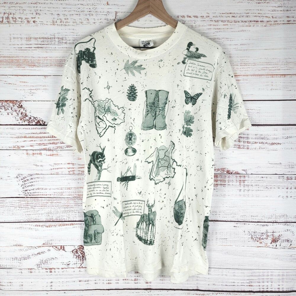 Vintage 1994 Relevant Products Shirt Mens L Single Stitch AOP Travel 90s